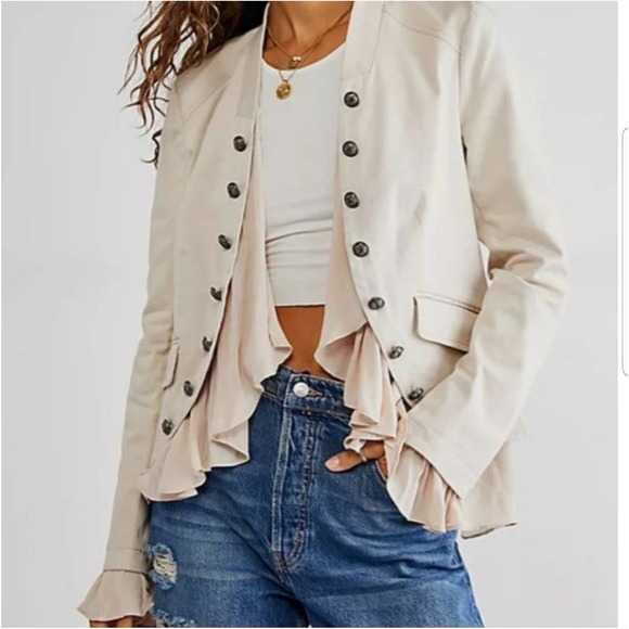 Free People Jackets & Blazers - Free People Ruffles Romance Jacket Size Medium Khaki Ruffles